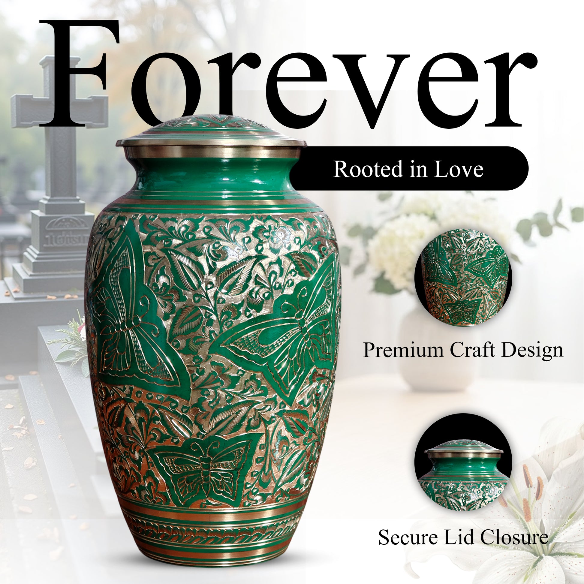 Green Butterfly Burial Urn For Human Ashes - Engraved Burial Brass Urns