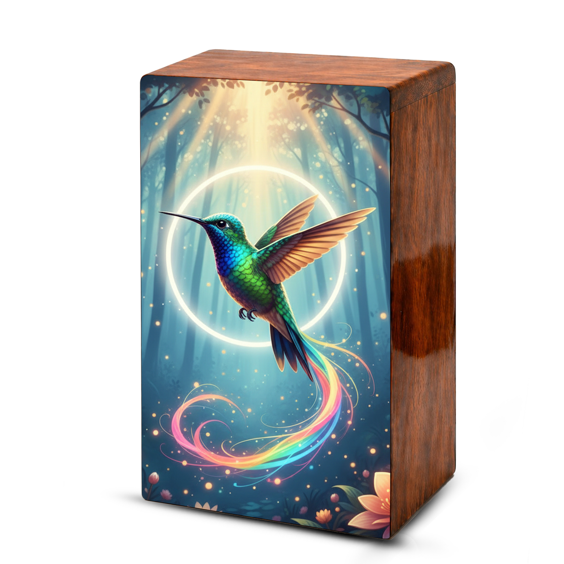 Green Hummingbird Wooden Urn for Ashes, Humming Bird Keepsake Urns