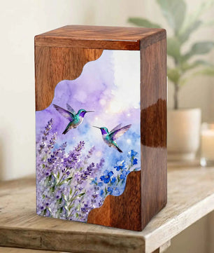 Purple Hummingbird Cremation Urn - Humming Bird Wooden Keepsake Urn Box
