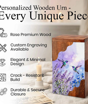Purple Hummingbird Cremation Urn - Humming Bird Wooden Keepsake Urn Box