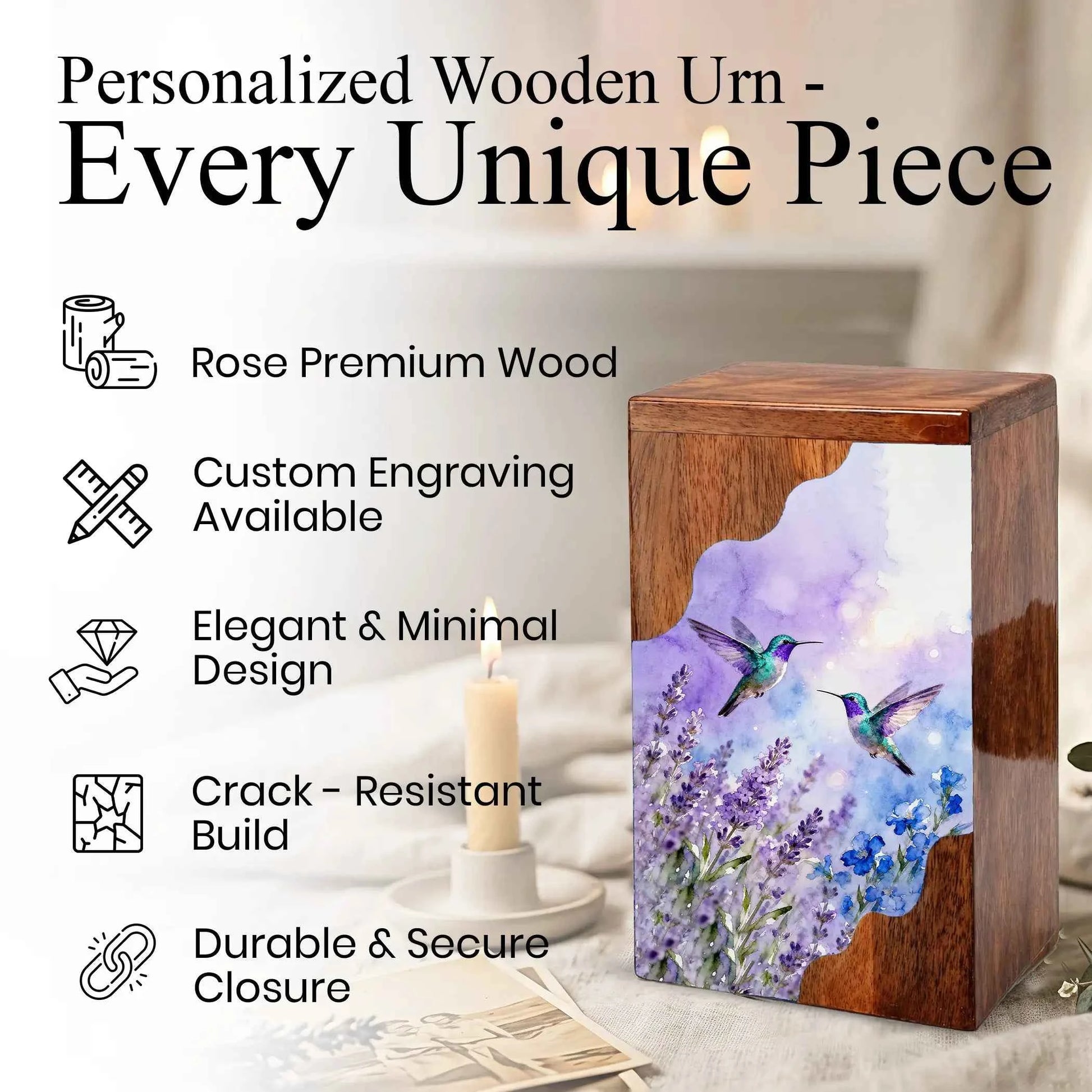 Purple Hummingbird Cremation Urn - Humming Bird Wooden Keepsake Urn Box
