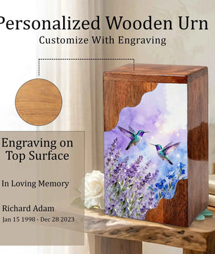 Purple Hummingbird Cremation Urn - Humming Bird Wooden Keepsake Urn Box