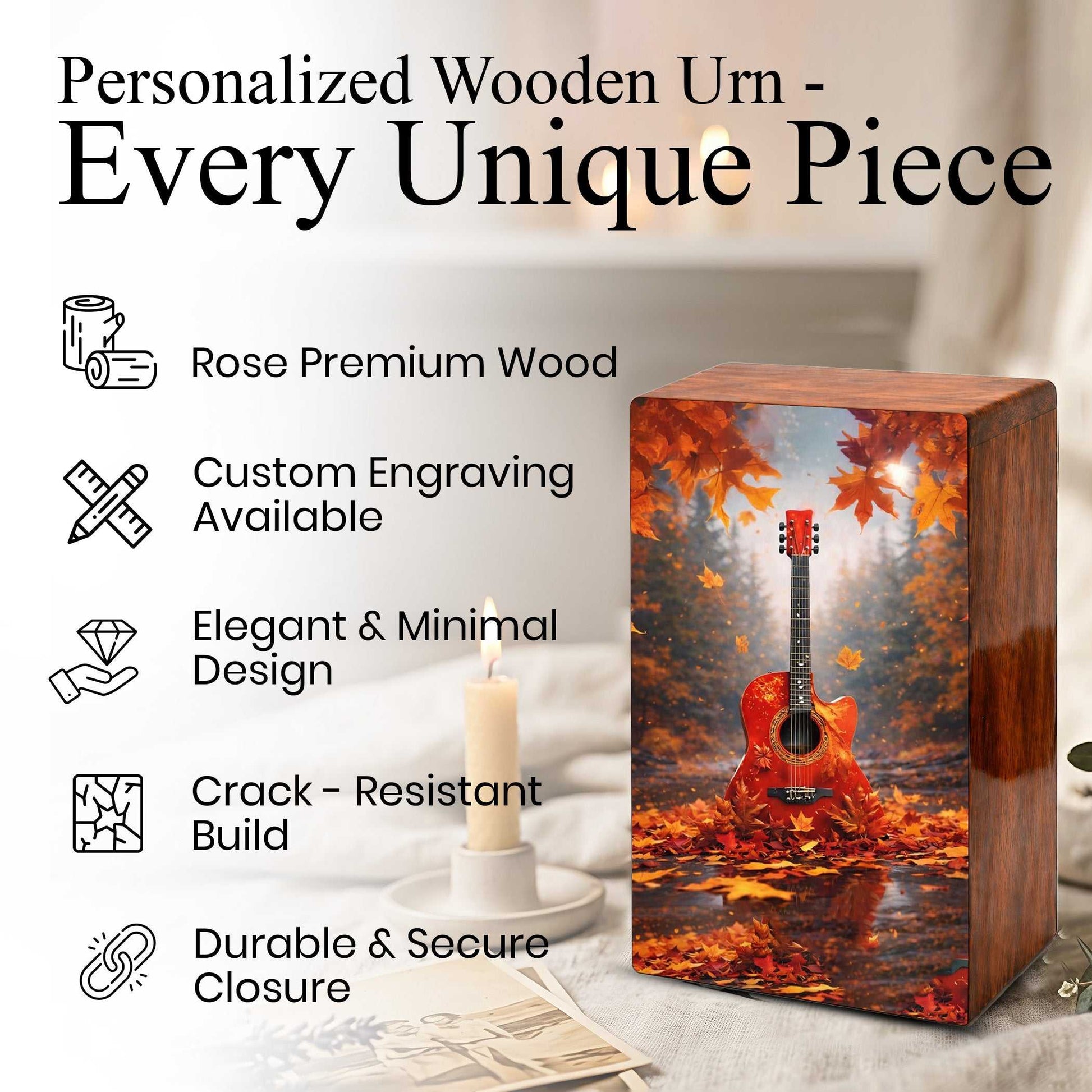 Fantasy Guitar Wooden Urn for Ashes - Music Memorial Cremation Urn Box