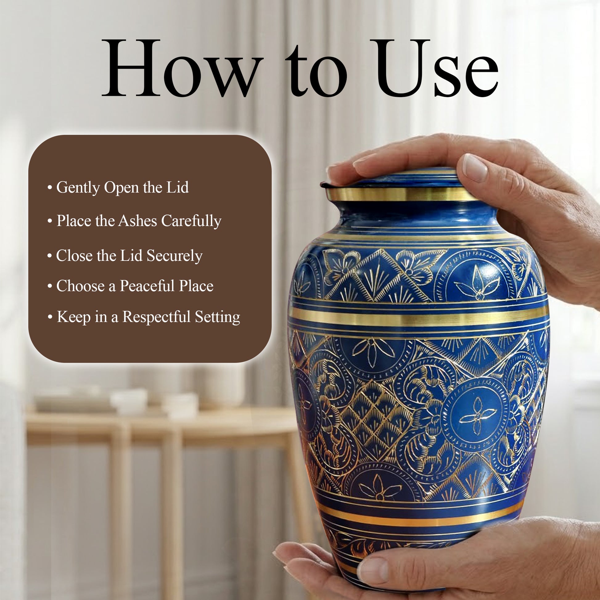 Blue Cremation Urn For Human Ashes - Brass Burial Large Urns (10", 200CU)
