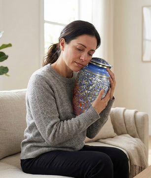 Blue Flower Urn For Human Ashes - Engraved Floral Brass Burial Urns (200 CU)