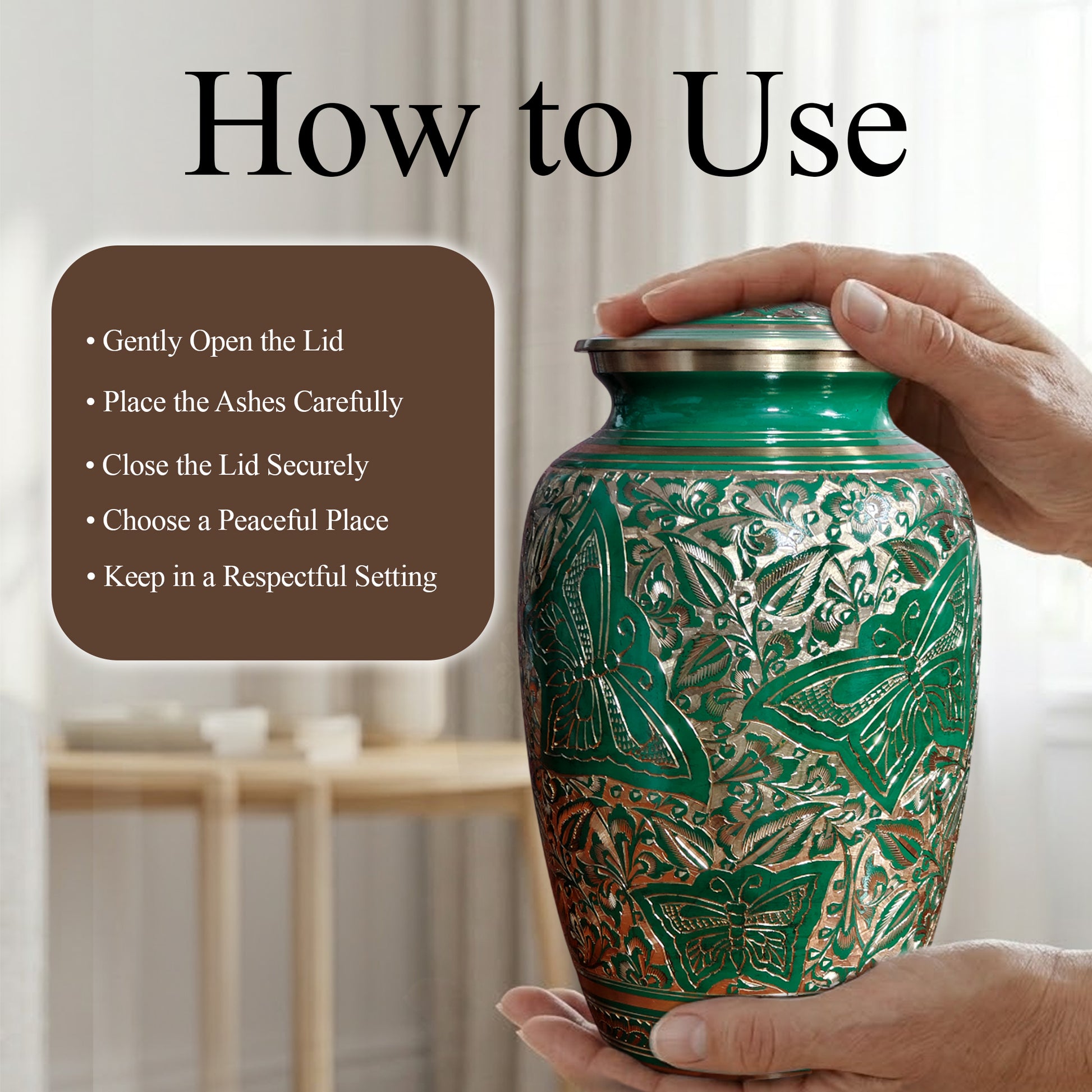 Green Butterfly Burial Urn For Human Ashes - Engraved Burial Brass Urns