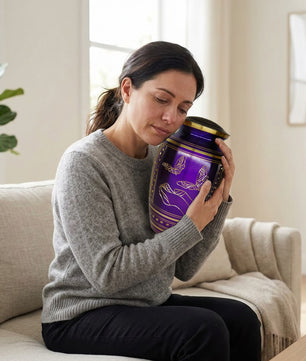 Purple Butterfly Engraved Urn For Ashes - Commemorative Brass Burial Urns (10", 200CU)