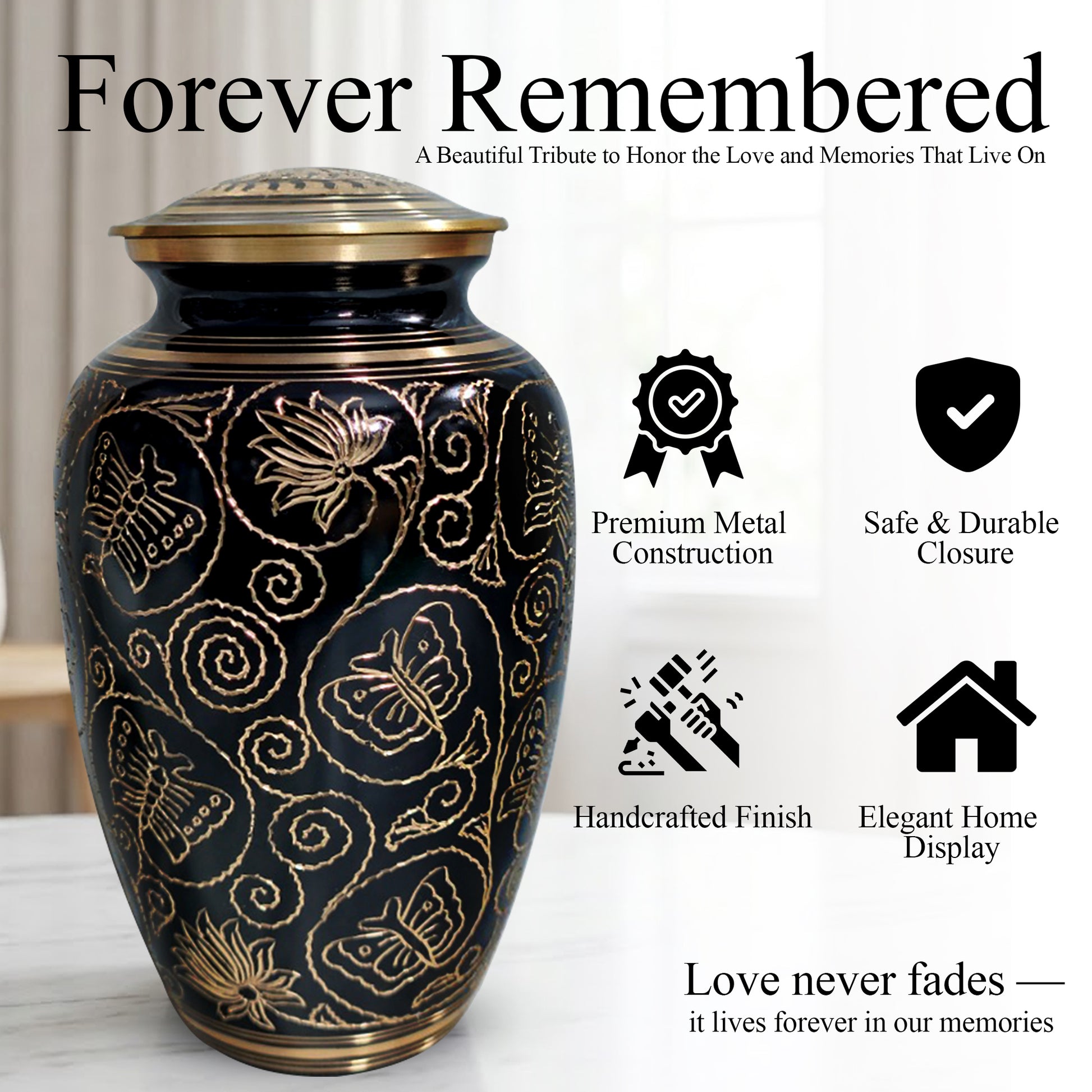 Butterfly Brass Urn for Adults – Flower Engraved Burial Urns For Human Ashes