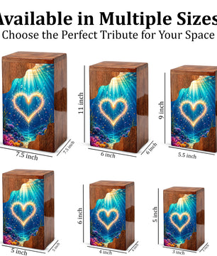 Personalized Ocean Heart Wooden Cremation Urn – Custom Memorial Urn with Underwater Heart