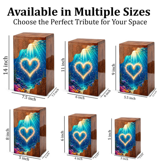 Personalized Ocean Heart Wooden Cremation Urn – Custom Memorial Urn with Underwater Heart