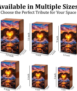 Ocean Wave Heart Urn – Sunset Beach Wooden Urn Box for Human Ashes