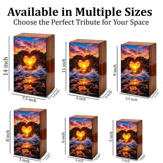 Ocean Wave Heart Urn – Sunset Beach Wooden Urn Box for Human Ashes
