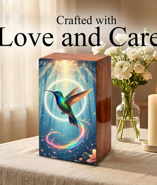 Green Hummingbird Wooden Urn for Ashes, Humming Bird Keepsake Urns