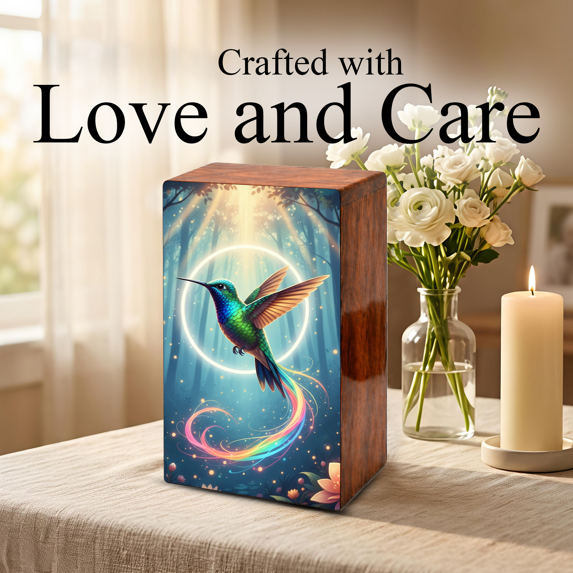 Green Hummingbird Wooden Urn for Ashes, Humming Bird Keepsake Urns