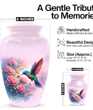Hummingbird Cremation Urn for Ashes- Pink Rose Memorial for Mom | Personalized Floral Keepsake for Women
