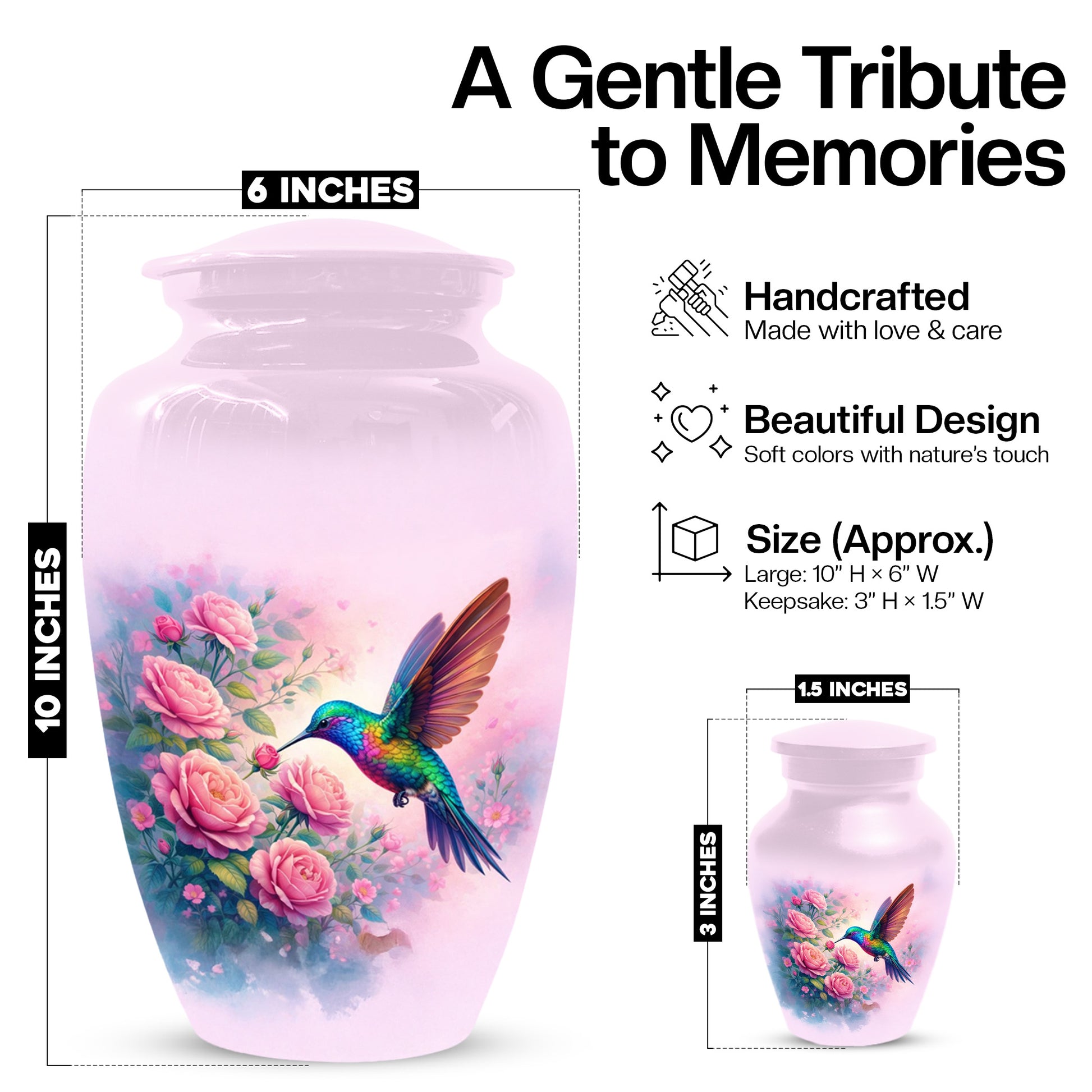 Hummingbird Cremation Urn for Ashes- Pink Rose Memorial for Mom | Personalized Floral Keepsake for Women