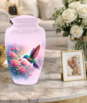 Hummingbird Cremation Urn for Ashes- Pink Rose Memorial for Mom | Personalized Floral Keepsake for Women
