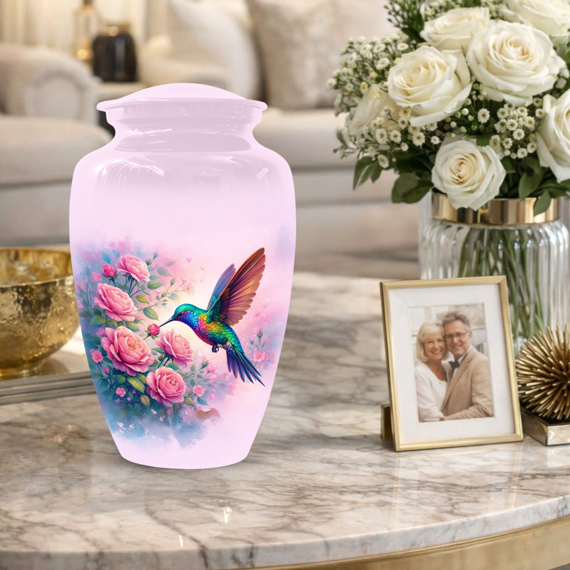 Hummingbird Cremation Urn for Ashes- Pink Rose Memorial for Mom | Personalized Floral Keepsake for Women
