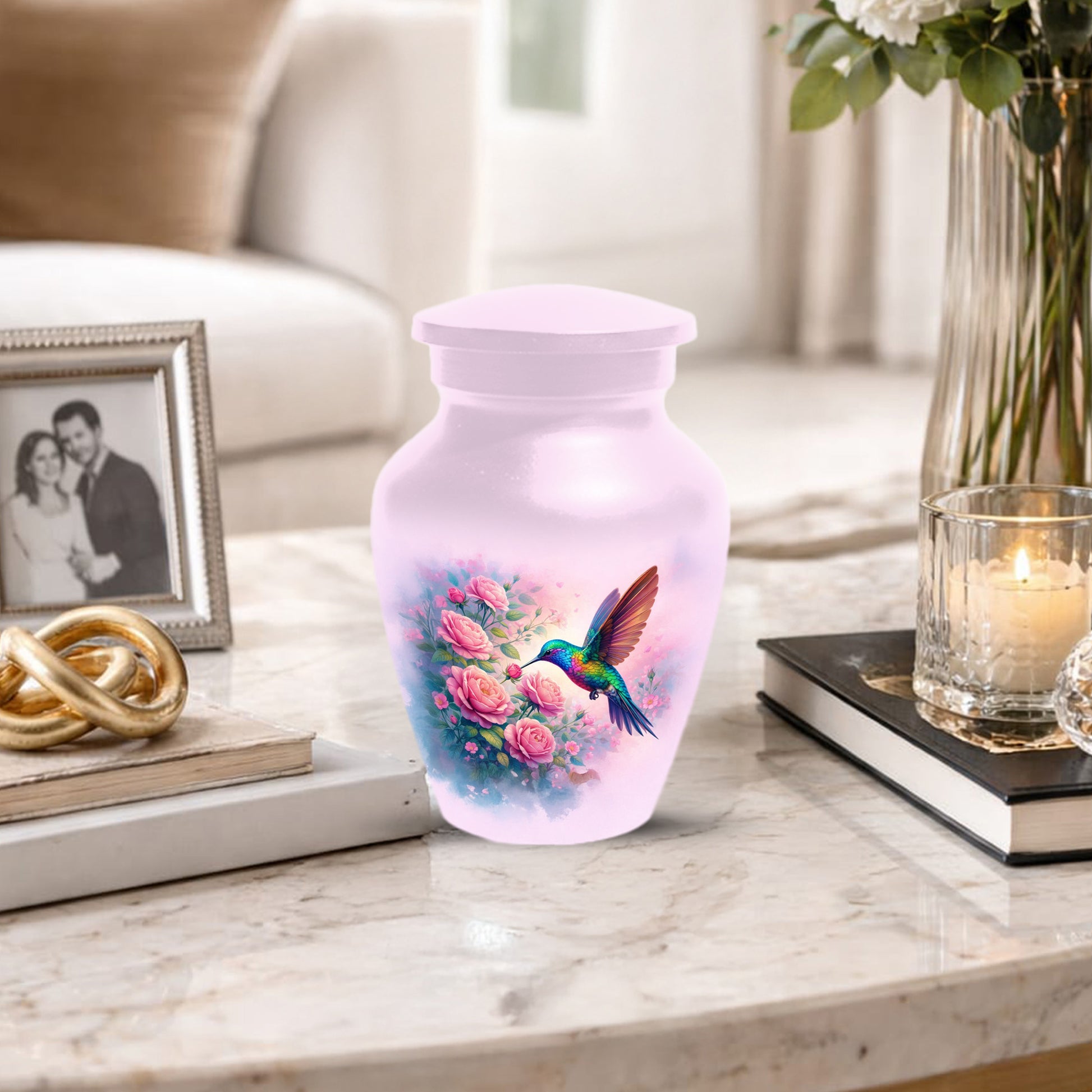 Hummingbird Cremation Urn for Ashes- Pink Rose Memorial for Mom | Personalized Floral Keepsake for Women
