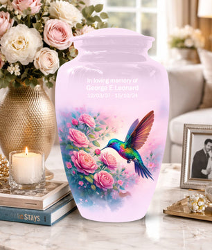 Hummingbird Cremation Urn for Ashes- Pink Rose Memorial for Mom | Personalized Floral Keepsake for Women