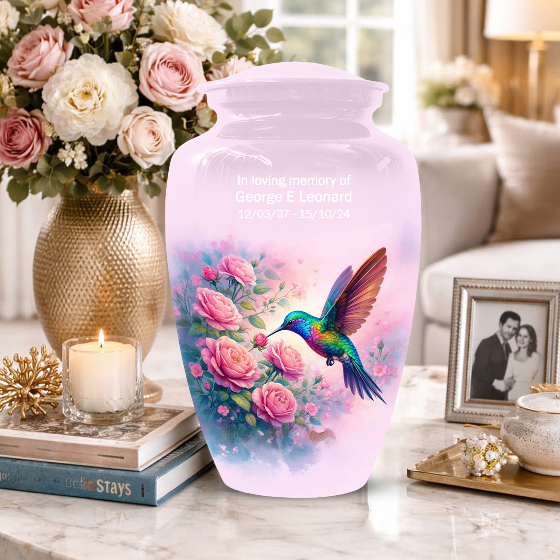 Hummingbird Cremation Urn for Ashes- Pink Rose Memorial for Mom | Personalized Floral Keepsake for Women