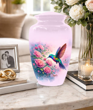 Hummingbird Cremation Urn for Ashes- Pink Rose Memorial for Mom | Personalized Floral Keepsake for Women