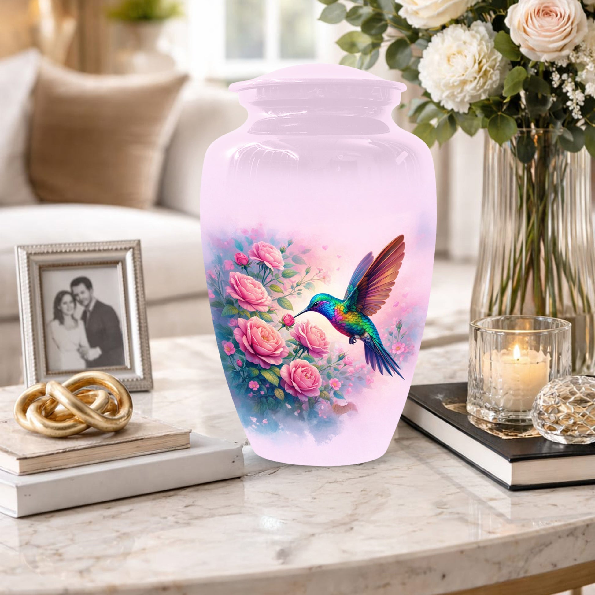 Hummingbird Cremation Urn for Ashes- Pink Rose Memorial for Mom | Personalized Floral Keepsake for Women