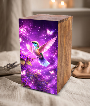 Purple Hummingbird Urn For Mom Ashes - Bird Wooden Mini Urns For Female