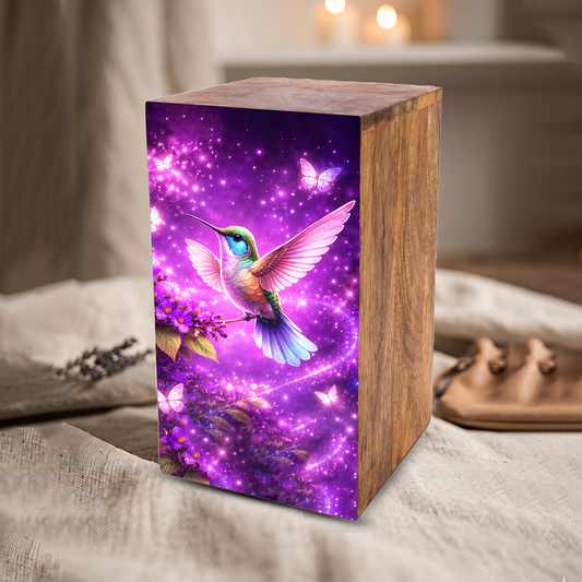 Purple Hummingbird Urn For Mom Ashes - Bird Wooden Mini Urns For Female