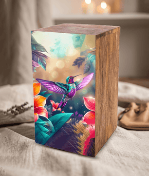 Green Hummingbird Urn For Ashes - Purple Humming Bird Wooden Keepsake