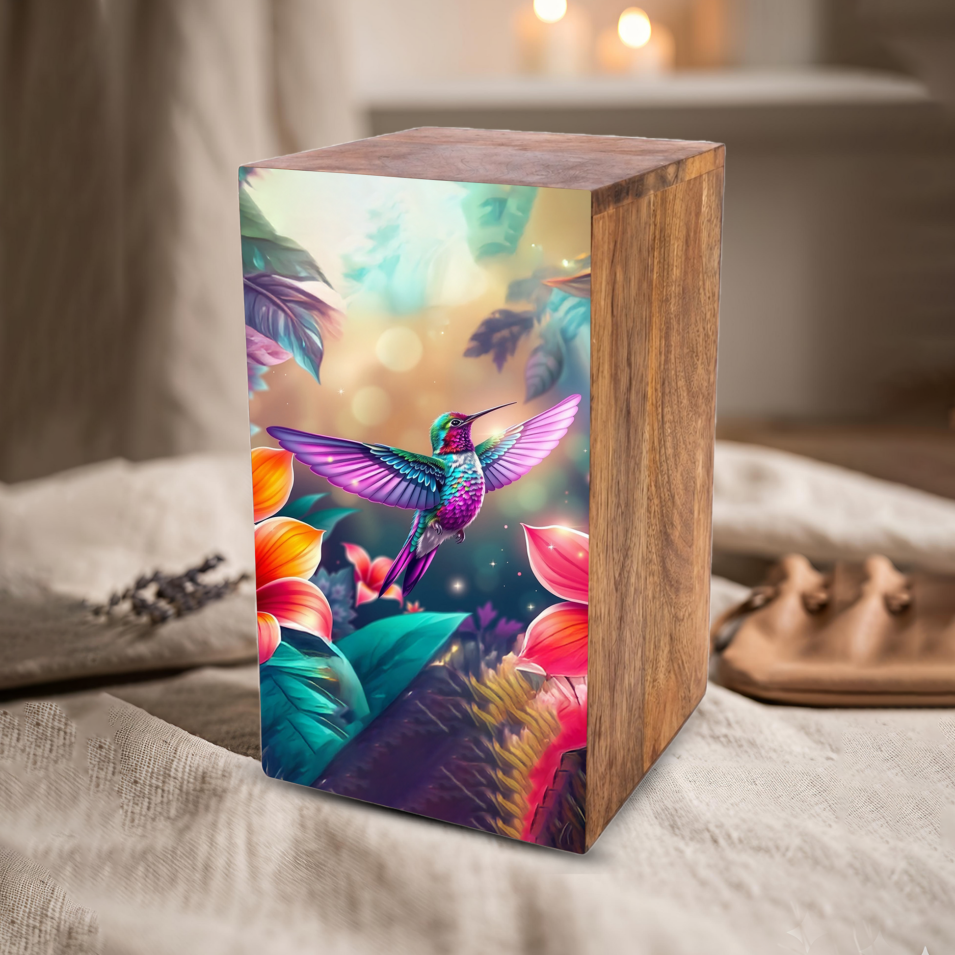 Green Hummingbird Urn For Ashes - Purple Humming Bird Wooden Keepsake For Female