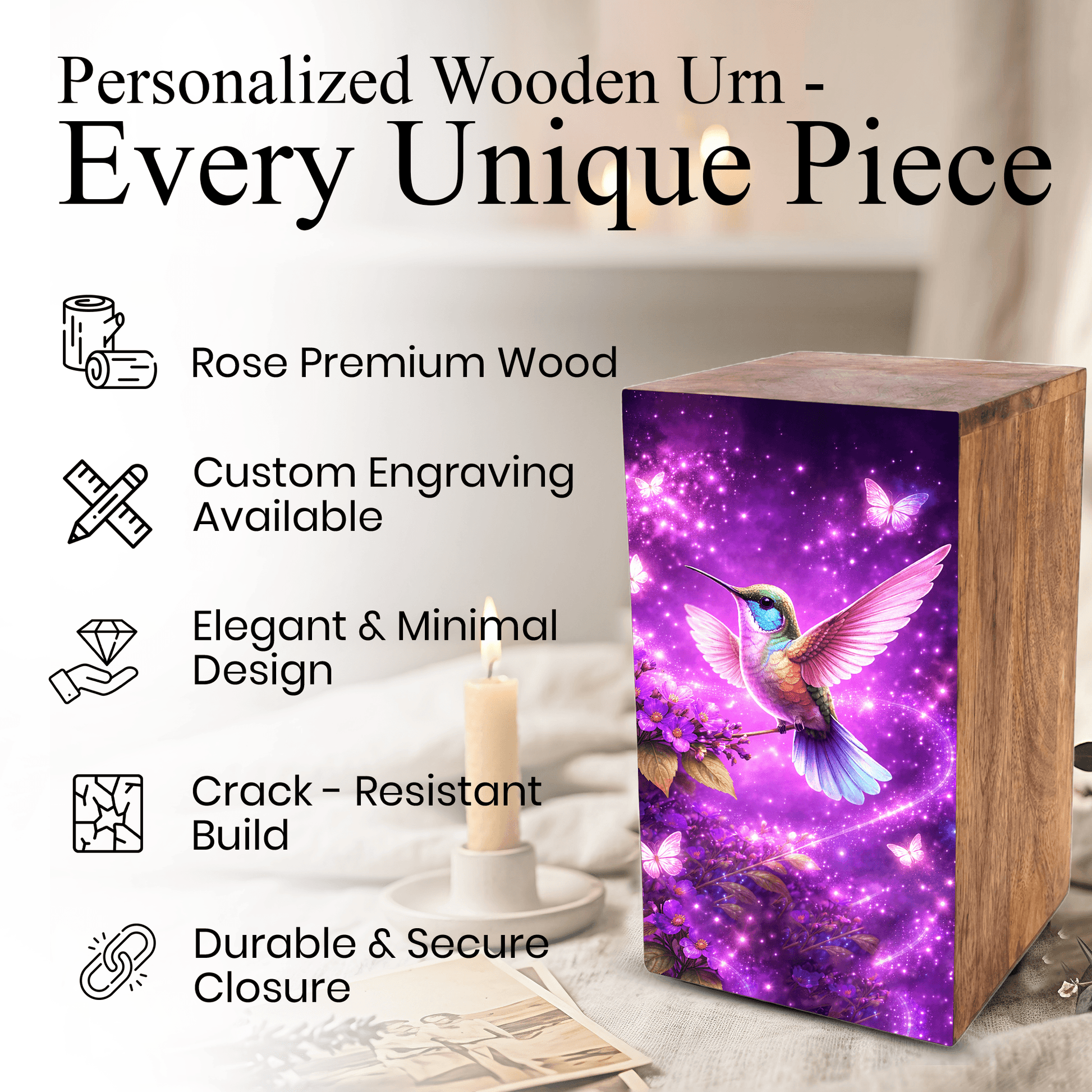 Purple Hummingbird Urn For Ashes - Flower Bird Keepsake Urns For Adults