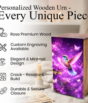 Purple Hummingbird Urn For Mom Ashes - Bird Wooden Mini Urns For Female