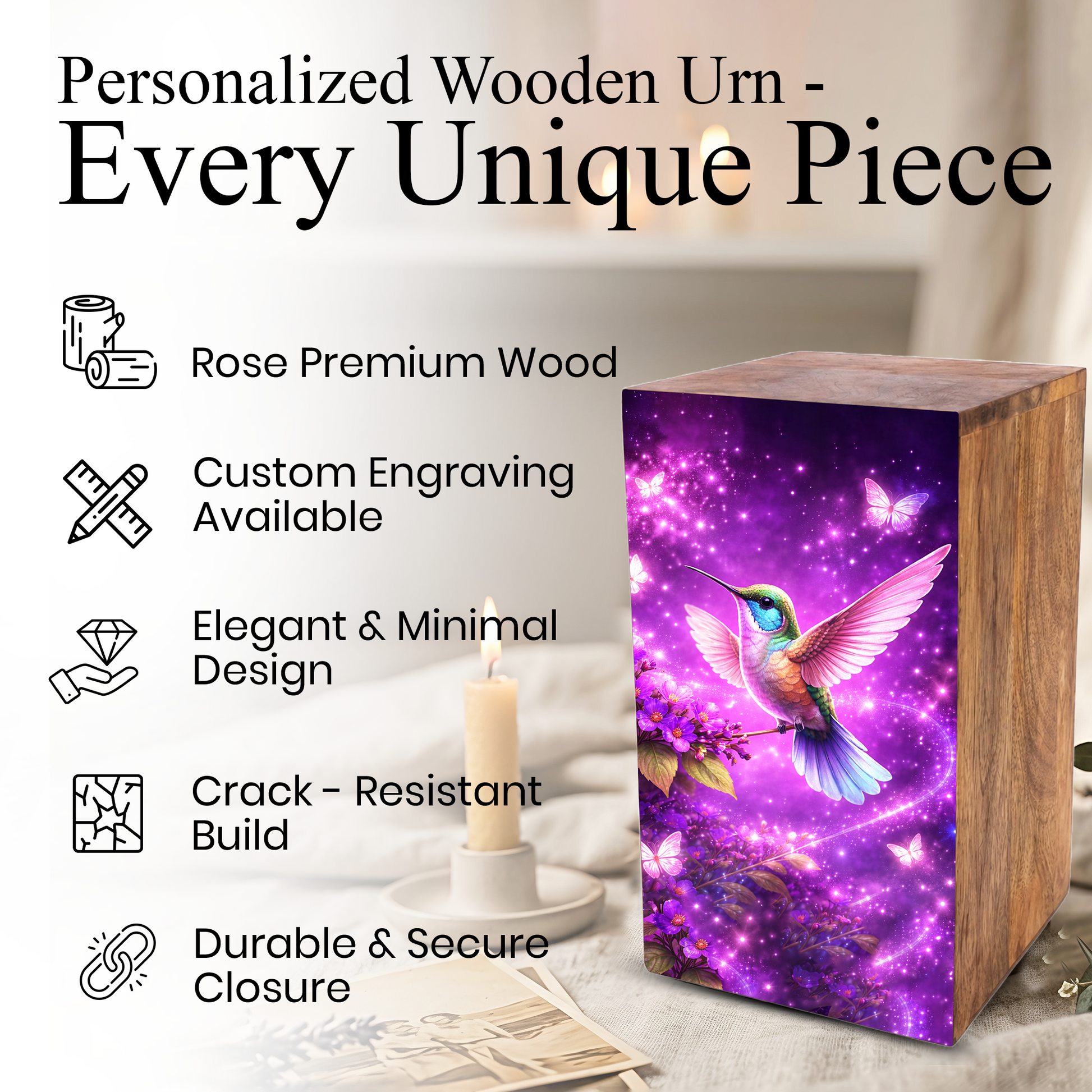 Purple Hummingbird Urn For Mom Ashes - Bird Wooden Mini Urns For Female