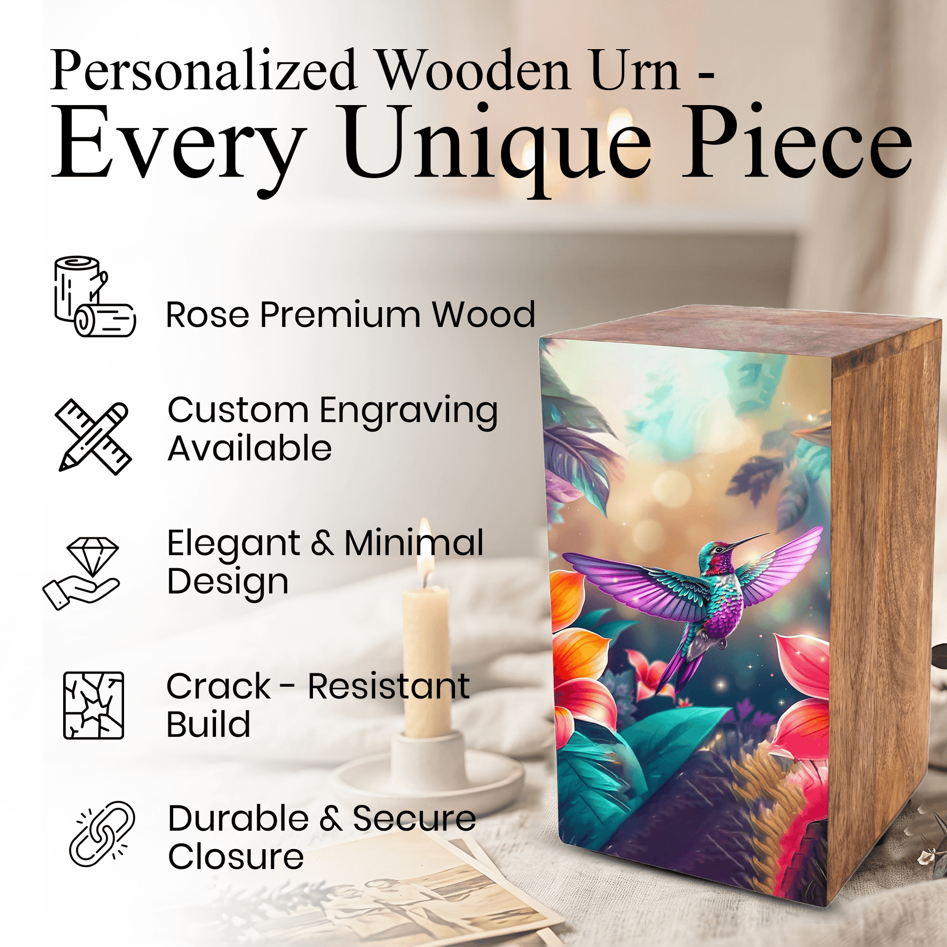 Green Hummingbird Urn For Ashes - Purple Humming Bird Wooden Keepsake