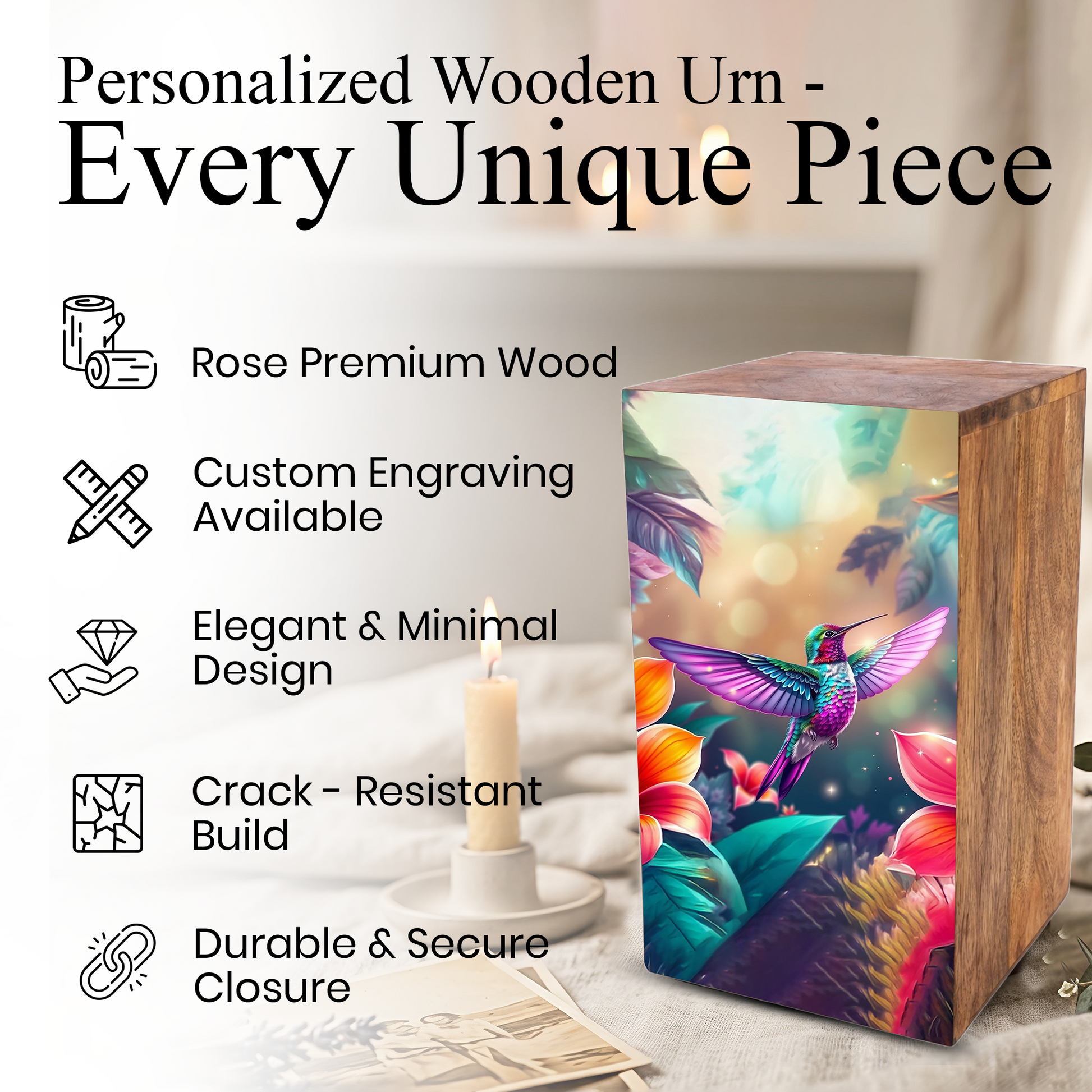 Green Hummingbird Urn For Ashes - Purple Humming Bird Wooden Keepsake For Female