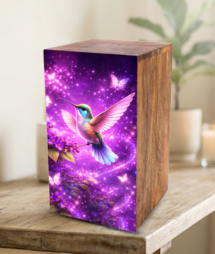 Purple Hummingbird Urn For Mom Ashes - Bird Wooden Mini Urns For Female