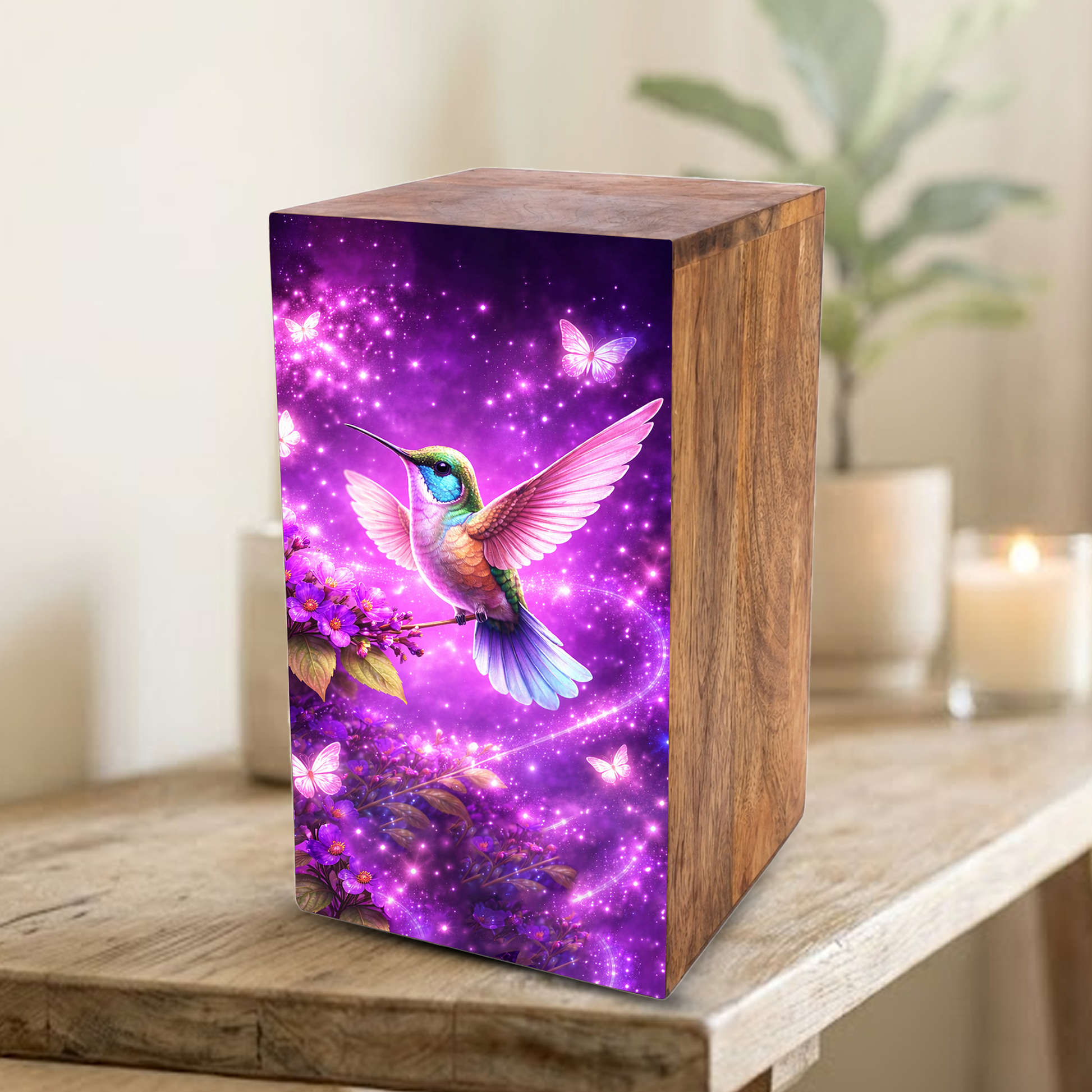 Purple Hummingbird Urn For Mom Ashes - Bird Wooden Mini Urns For Female