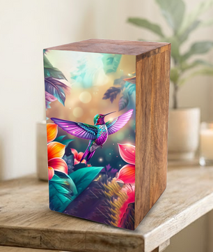 Green Hummingbird Urn For Ashes - Purple Humming Bird Wooden Keepsake For Female