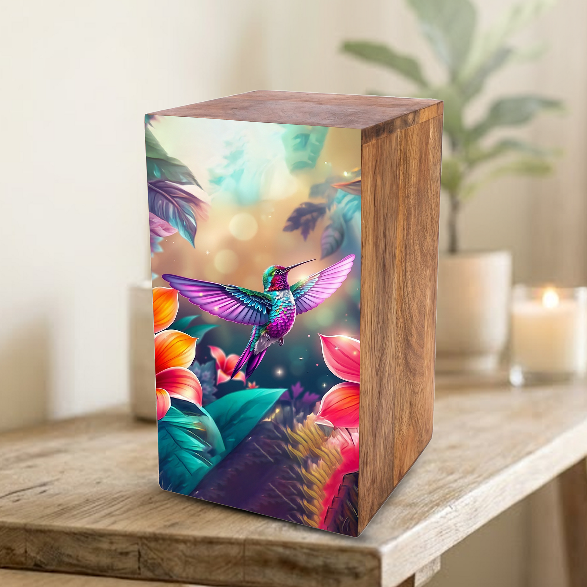 Green Hummingbird Urn For Ashes - Purple Humming Bird Wooden Keepsake For Female