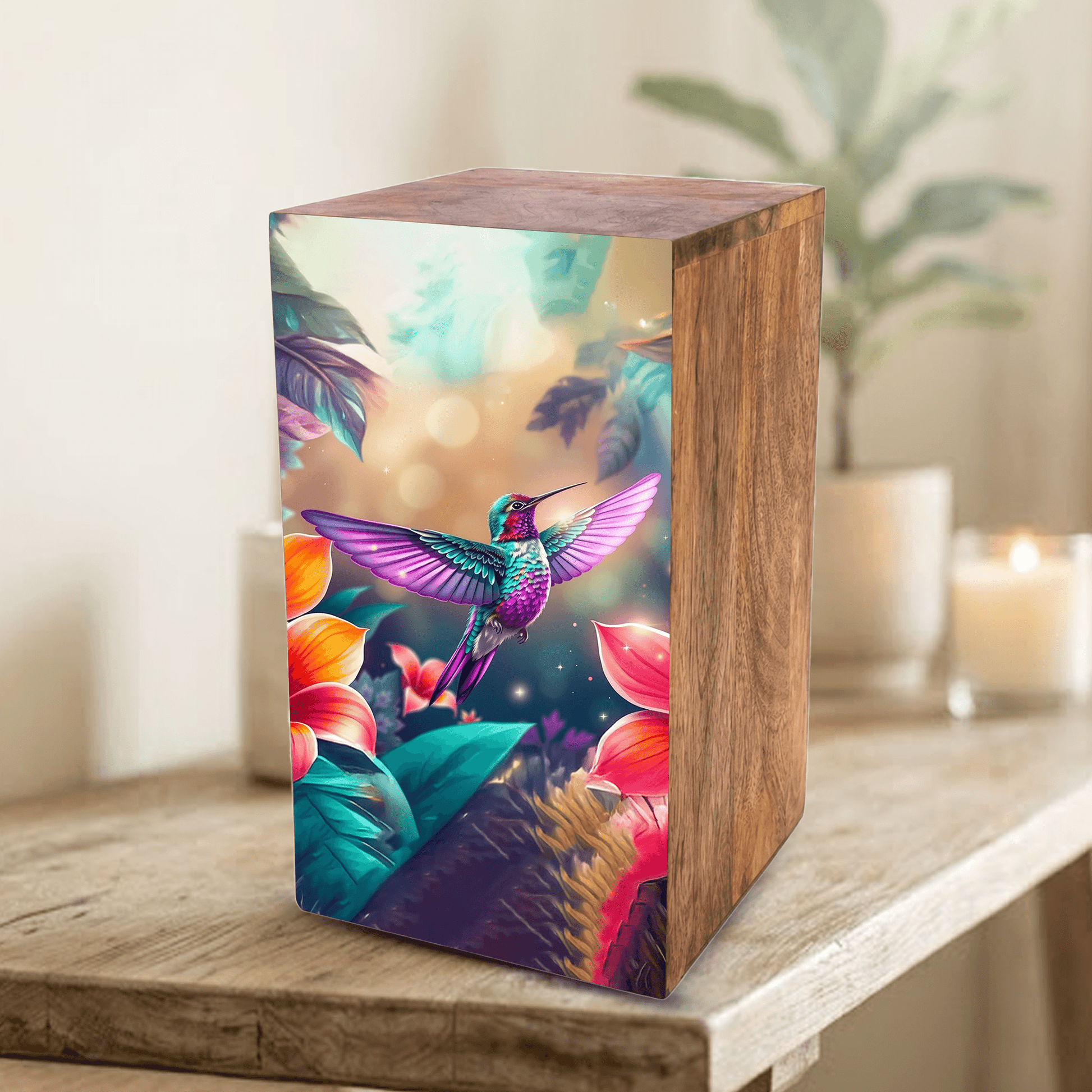 Green Hummingbird Urn For Ashes - Purple Humming Bird Wooden Keepsake