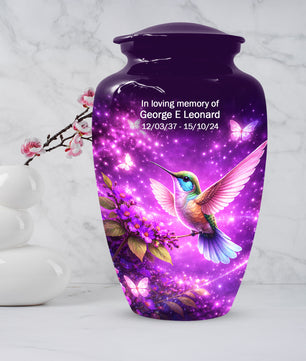 Personalized Purple Hummingbird Urn for Mom – Custom Hummingbird Cremation Urn for Ashes, Butterfly Memorial Urn for Women,