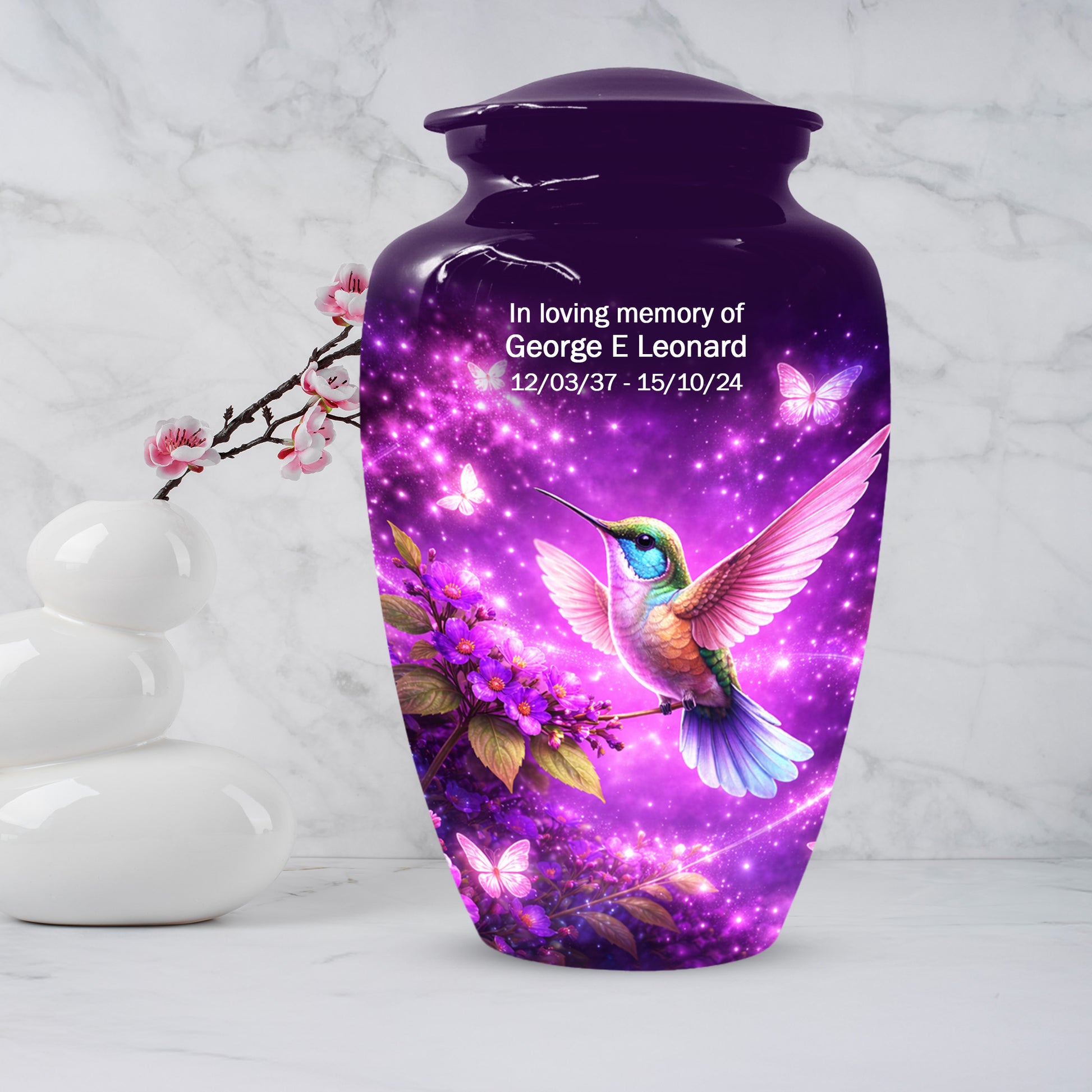 Personalized Purple Hummingbird Urn for Mom – Custom Hummingbird Cremation Urn for Ashes, Butterfly Memorial Urn for Women,