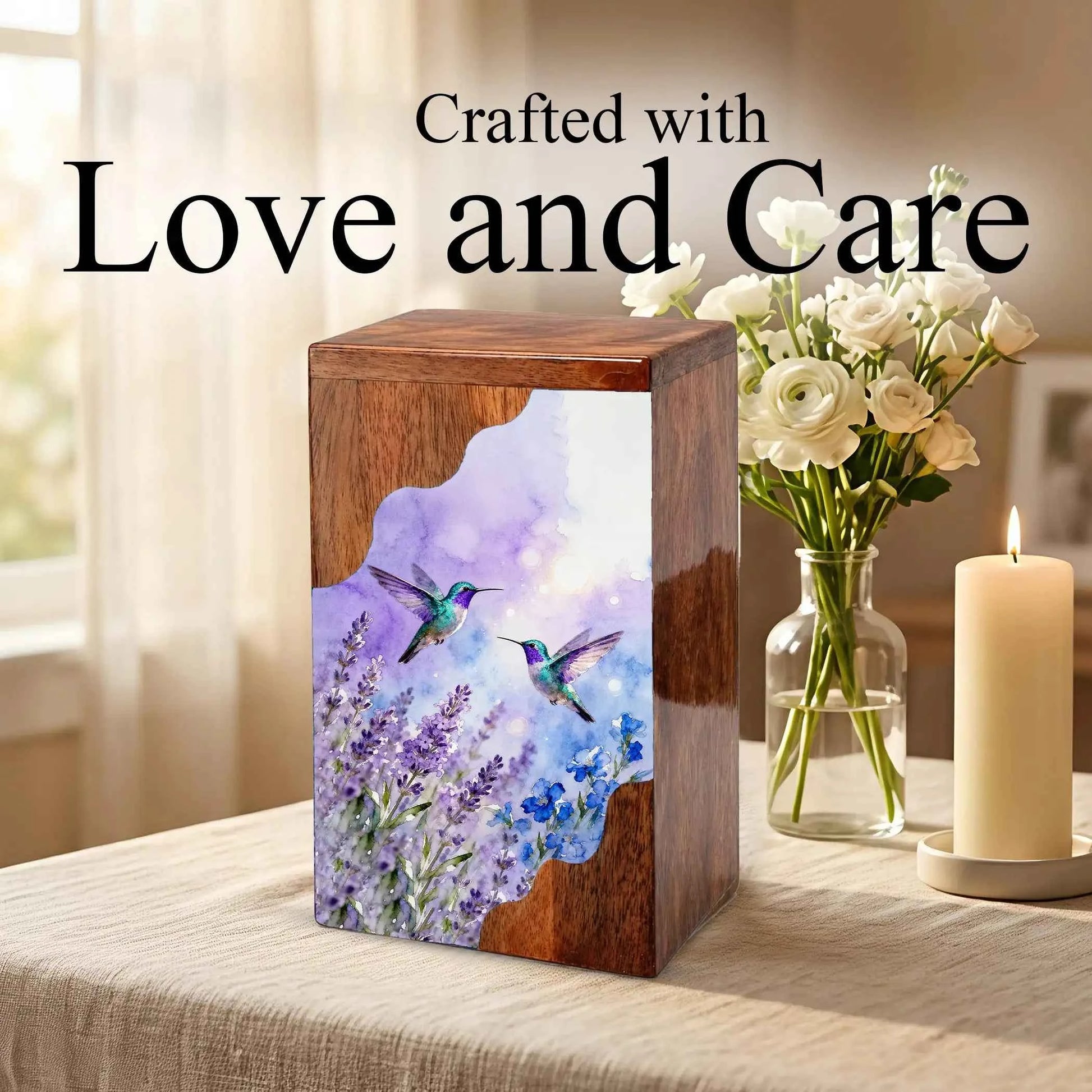 Purple Hummingbird Cremation Urn - Humming Bird Wooden Keepsake Urn Box