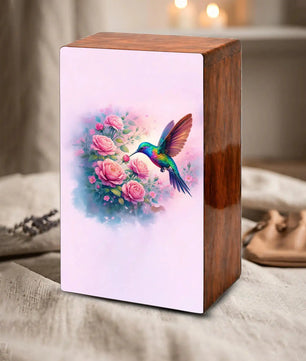Floral Hummingbird Wooden Urn for Ashes, Memorial Keepsake Pink Urns for Mom