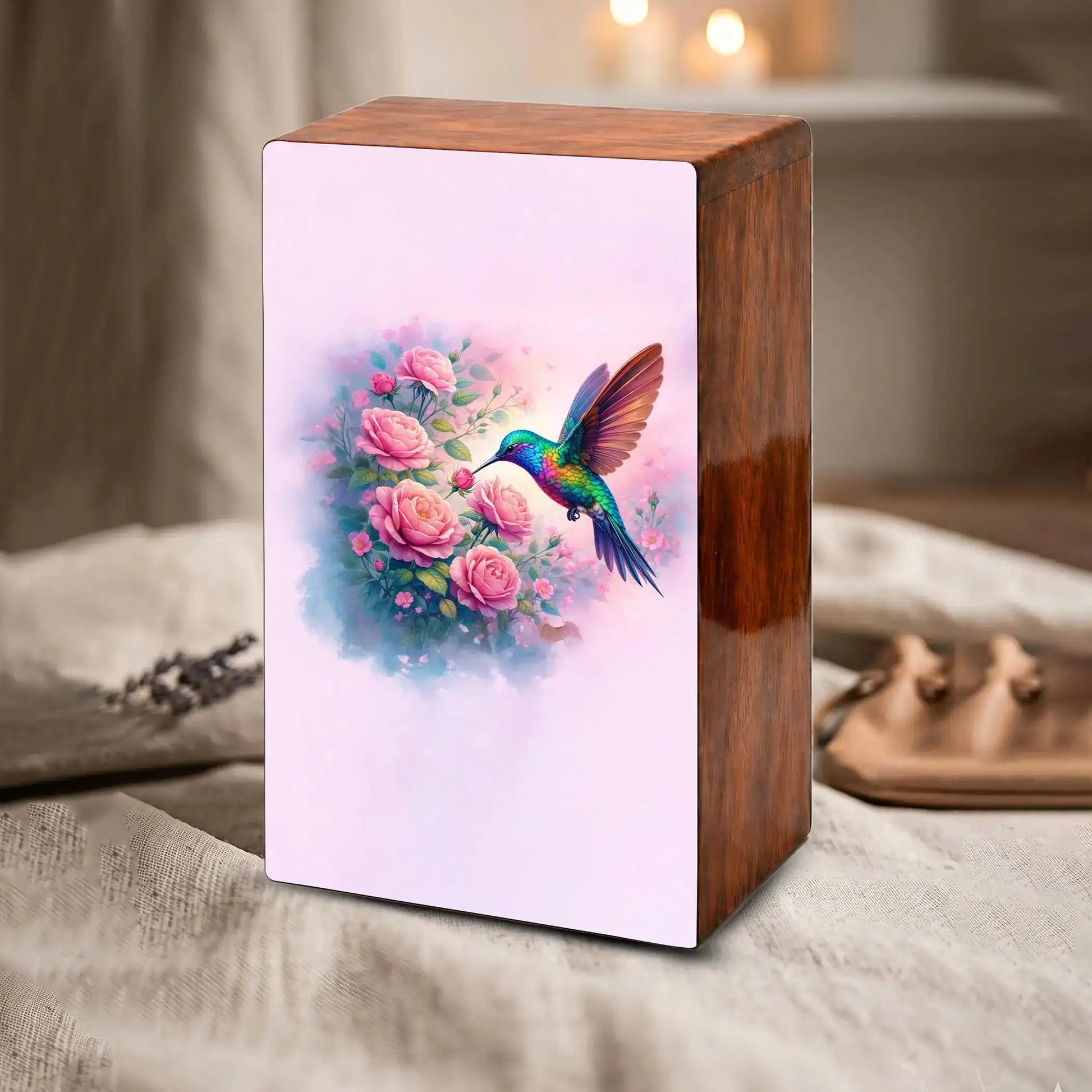 Floral Hummingbird Wooden Urn for Ashes, Memorial Keepsake Pink Urns for Mom
