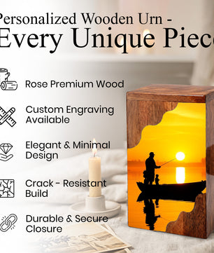 Golden Sunset Fishing Wooden Cremation Urn – Gone Fishing Memorial Wooden Urn for Human Ashes
