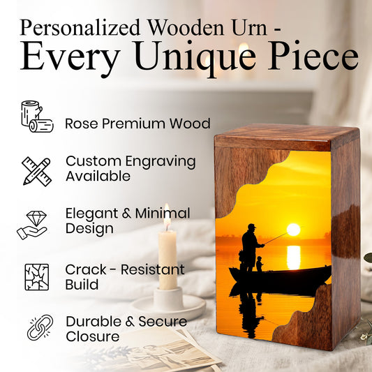 Golden Sunset Fishing Wooden Cremation Urn – Gone Fishing Memorial Wooden Urn for Human Ashes