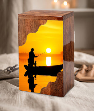 Golden Sunset Fishing Wooden Cremation Urn – Gone Fishing Memorial Wooden Urn for Human Ashes