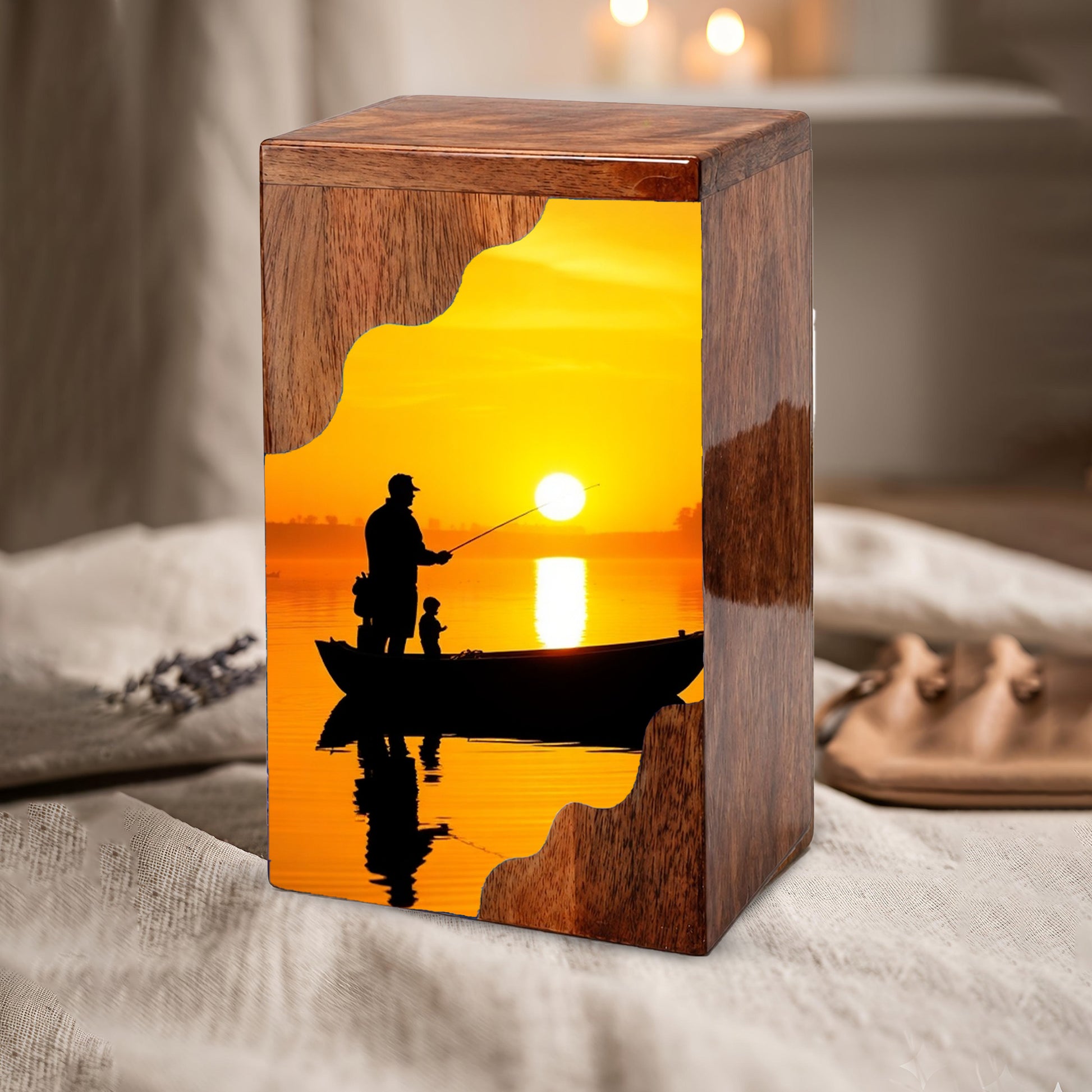 Golden Sunset Fishing Wooden Cremation Urn – Gone Fishing Memorial Wooden Urn for Human Ashes